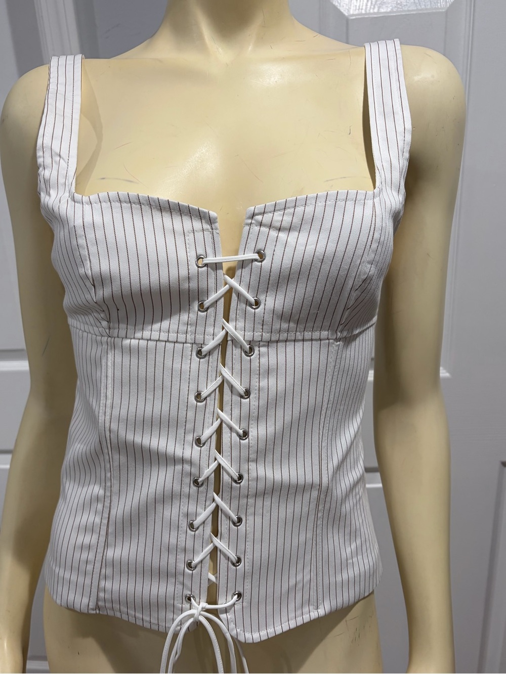 White Pinstripe Lace-Up Bustier Top/ Size Small